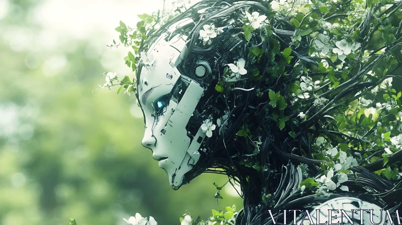 Humanoid Robot Integrated with Lush Foliage AI Image