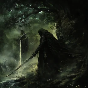 Mysterious Warrior with Sword in Forest