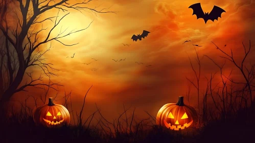 Spooky Halloween Scene with Glowing Pumpkins