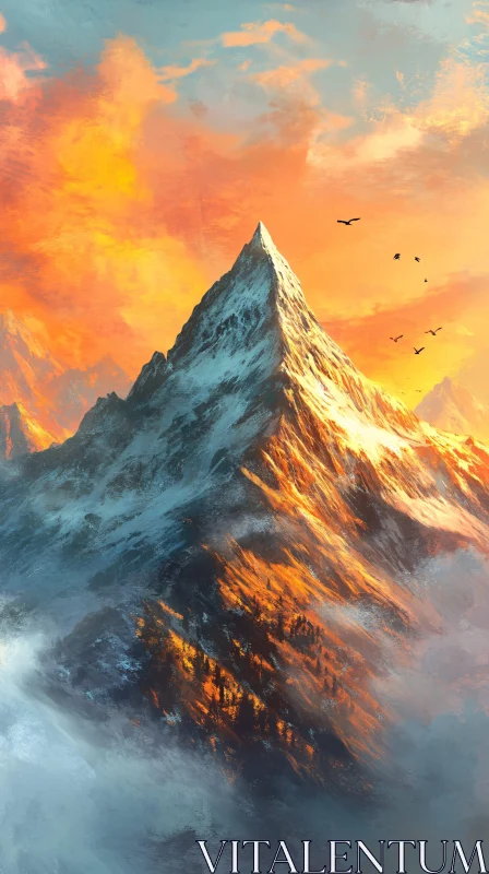 Sunset-Illuminated Majestic Mountain AI Image