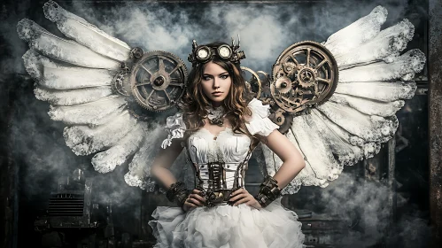 Woman with Mechanical Wings in Steampunk Style