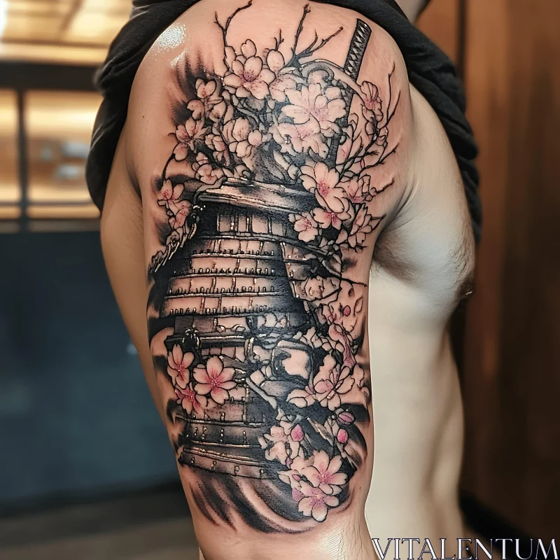 Samurai Helmet Arm Tattoo with Cherry Blossoms AI Image