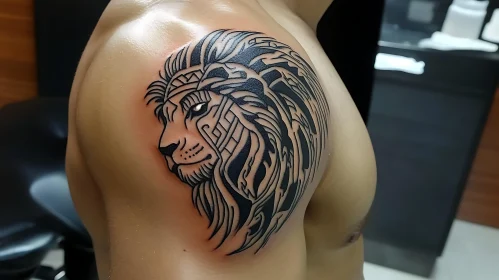 Intricate Tribal Lion Tattoo Design on Shoulder