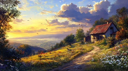 Tranquil Countryside Home at Dusk Artwork