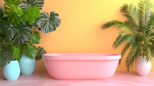 Modern Interior with Pink Bathtub and Plants