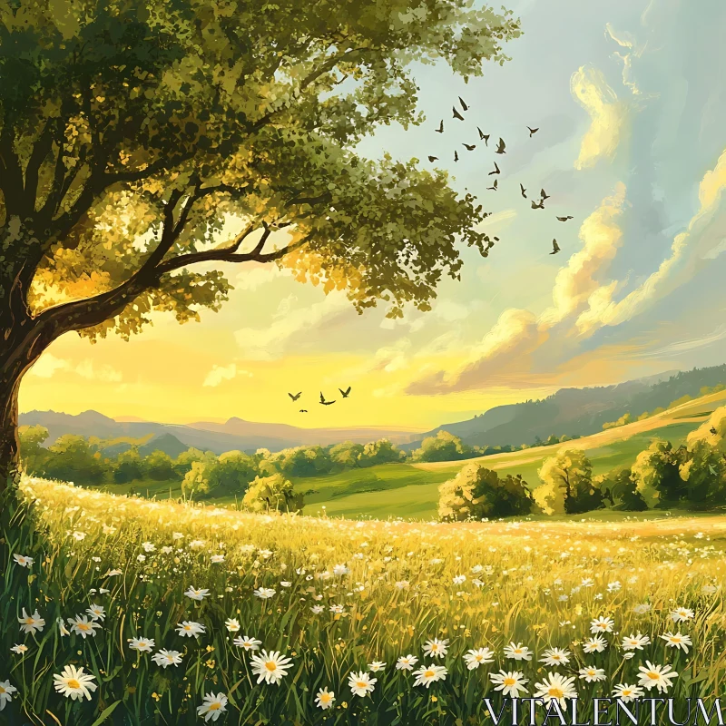 AI ART Tranquil Meadow at Sunset with Birds