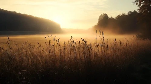 Ethereal Sunrise in Foggy Field