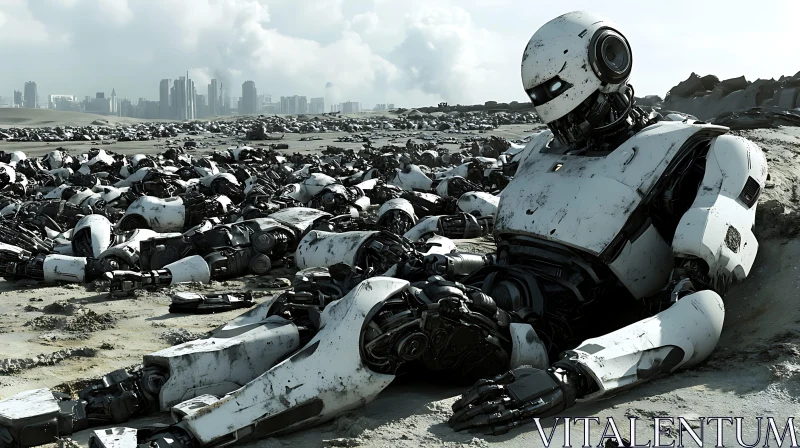 Deactivated Robots in a Dystopian Landscape AI Image