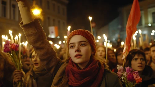 Woman with Candles in Crowd