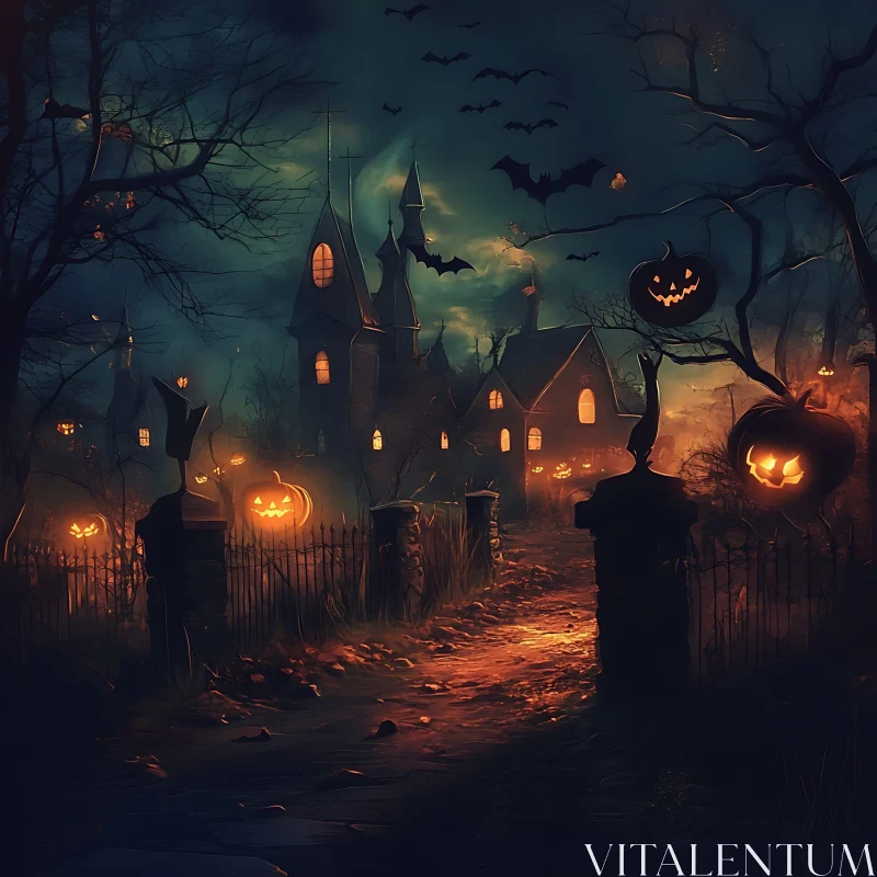 Halloween Night Scene with Glowing Pumpkins AI Image