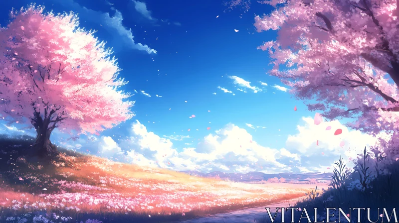 Pink Cherry Blossoms in a Blue Sky AI Image