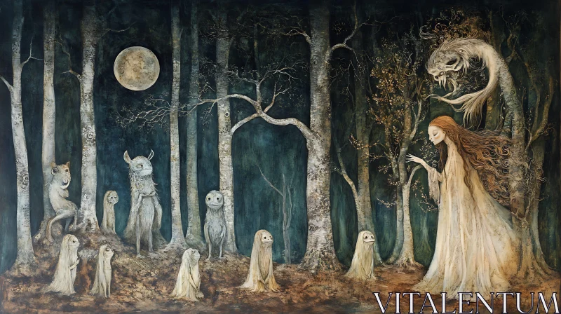 Mystical Forest Gathering at Night AI Image