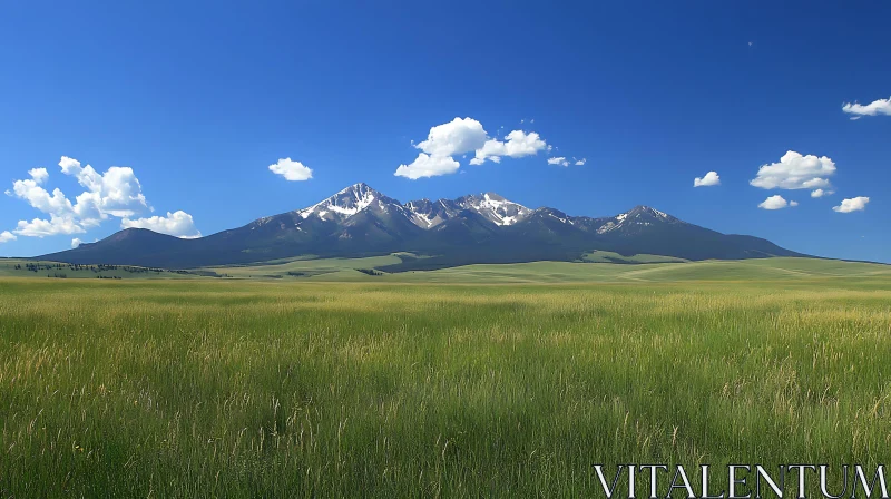 Mountains and Meadow Under Blue Skies AI Image