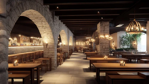 Warm Lit Restaurant with Stone Design