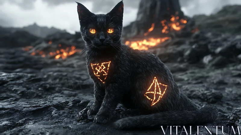 Enigmatic Feline with Glowing Symbols AI Image