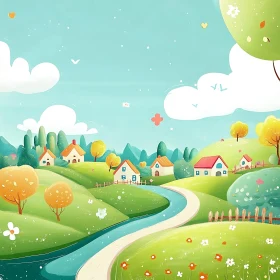 Whimsical Village River Scenery Artwork