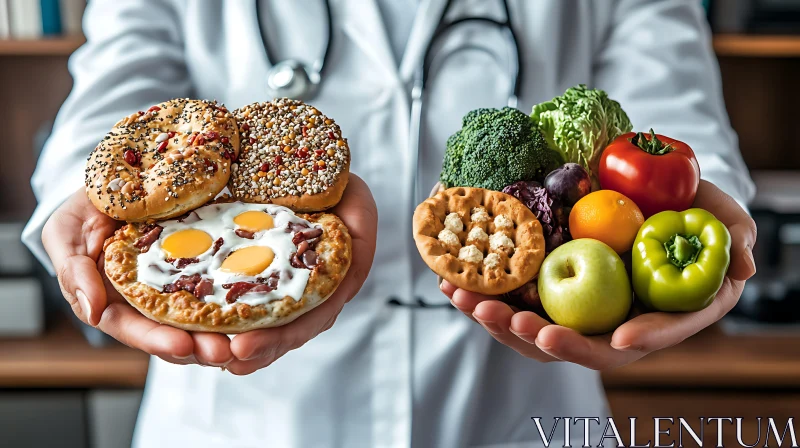 Healthy vs Unhealthy Food in Doctor's Hands AI Image