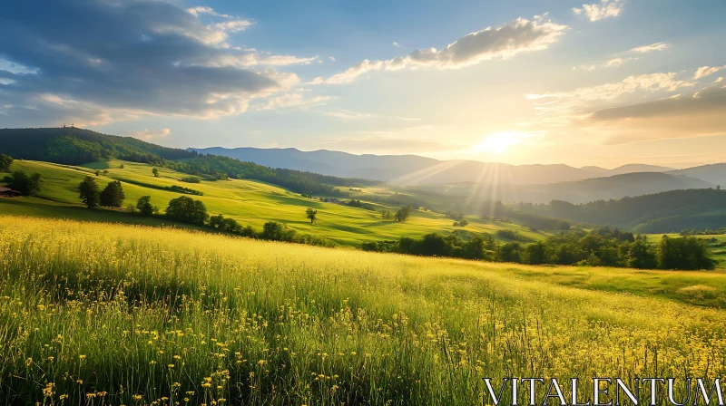 AI ART Golden Field Landscape with Distant Mountains