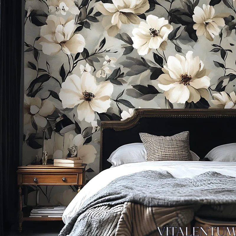 AI ART Floral Wallpaper in Bedroom Interior