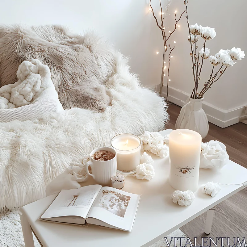 Serene White Room with Cotton Flowers AI Image