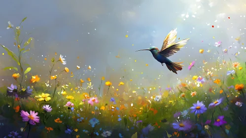 Hummingbird in Wildflower Field Painting