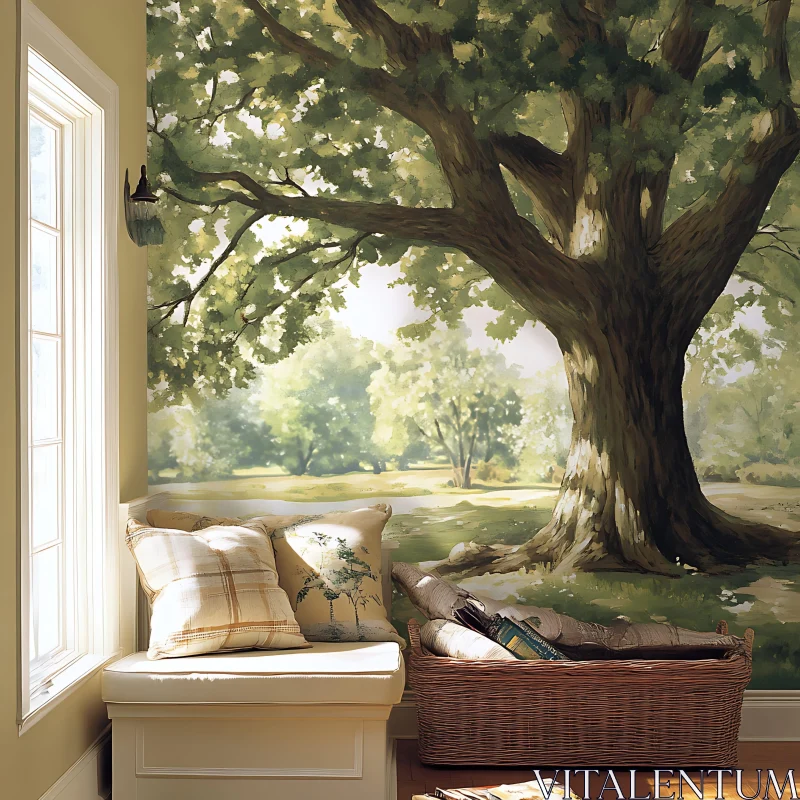 AI ART Indoor Oasis: Tree Mural and Cozy Corner