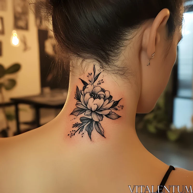 Black and Grey Flower Tattoo on Neck AI Image