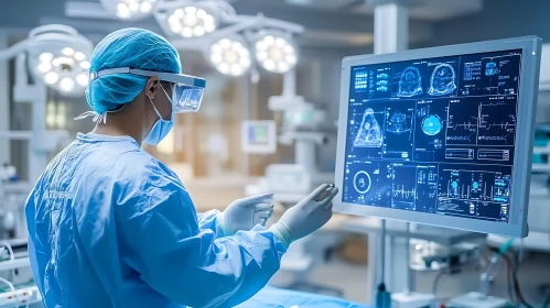 Surgeon Analyzing Medical Data on Screen