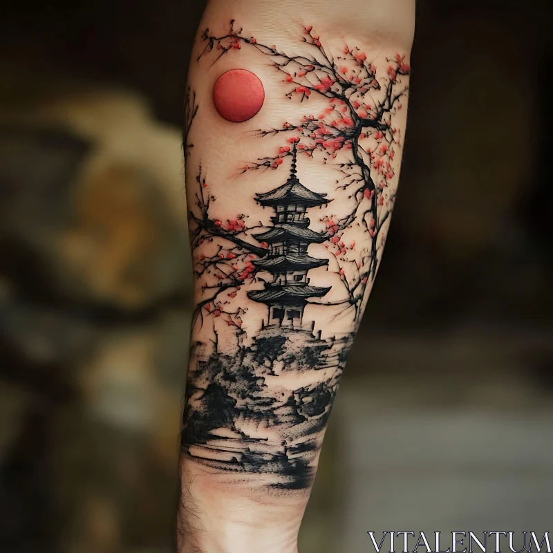 Japanese Sakura and Pagoda Ink Tattoo AI Image