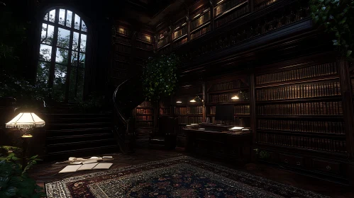 Dimly Lit Library with Antique Desk