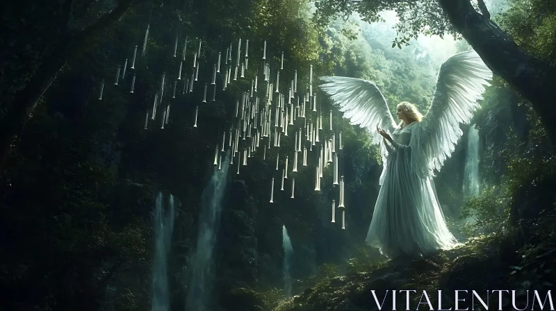 AI ART Forest Angel with Waterfall