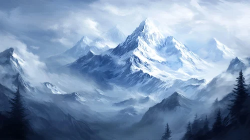 Snow-Covered Peaks in a Misty Landscape AI Image