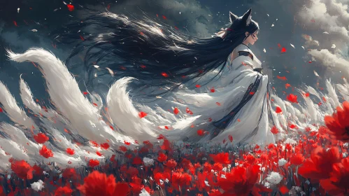 Anime Fox Girl with Red Flowers