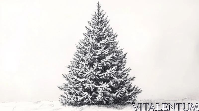 Detailed Monochrome Pine Tree with Snow AI Image