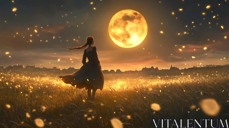 AI ART Woman in Field at Night