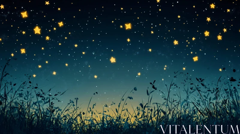 AI ART Night Stars and Grass Illustration