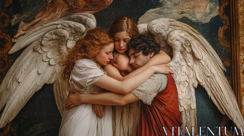 Four Figures Protected by Angelic Wings AI Image