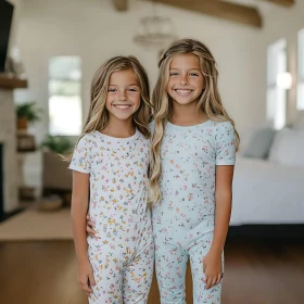 Two Smiling Girls in Matching Sleepwear