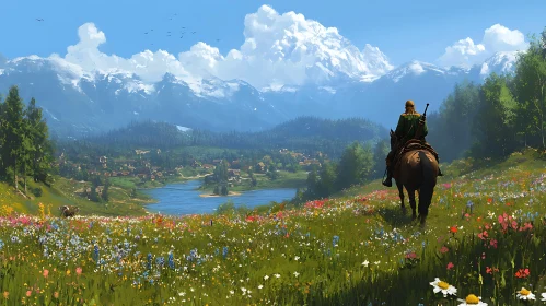 Equestrian Journey in a Floral Landscape