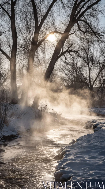 AI ART Winter River Mist with Sunlight