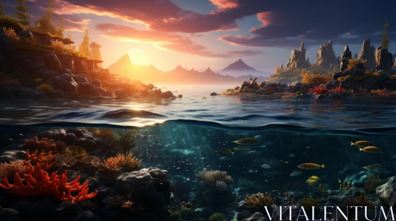 Enchanting Underwater Landscape with Coral Reef and Mountains AI Image