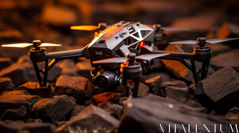 Iconic Black Drone on Rocks: A Gritty, Futuristic Scene AI Image