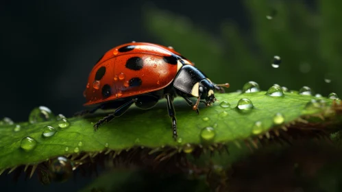 Ladybug on Leaf with Raindrops - Detailed Rendering