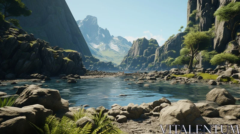 Majestic 3D River in a Valley: Unreal Engine Rendering AI Image