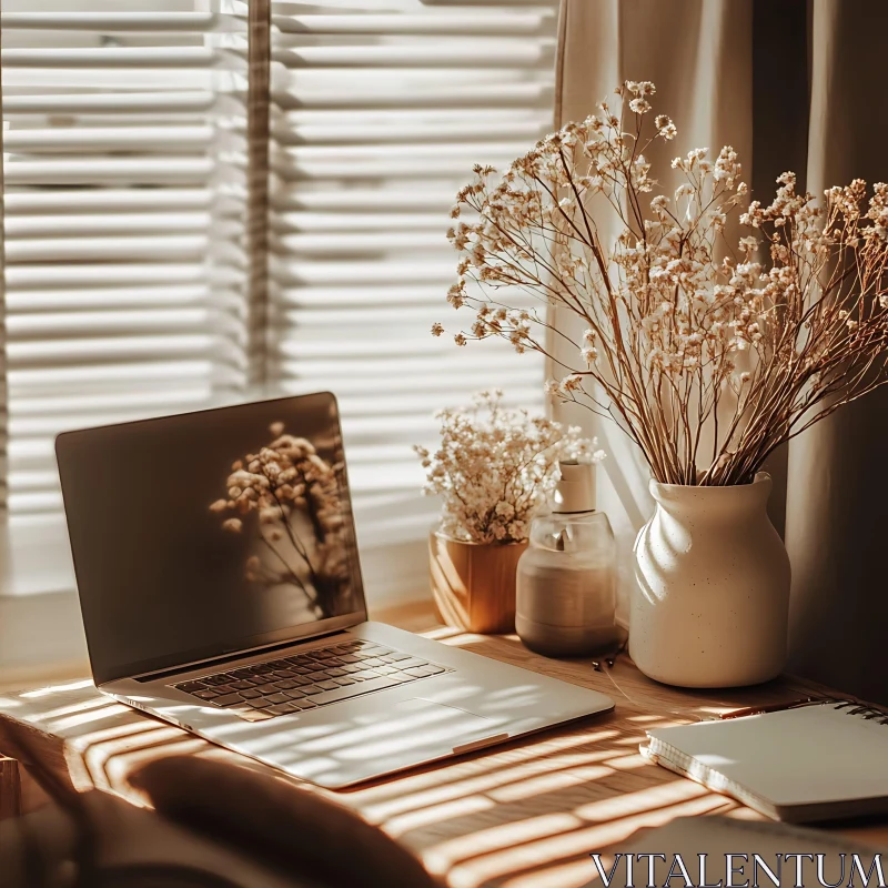 Sunlit Home Office Still Life AI Image