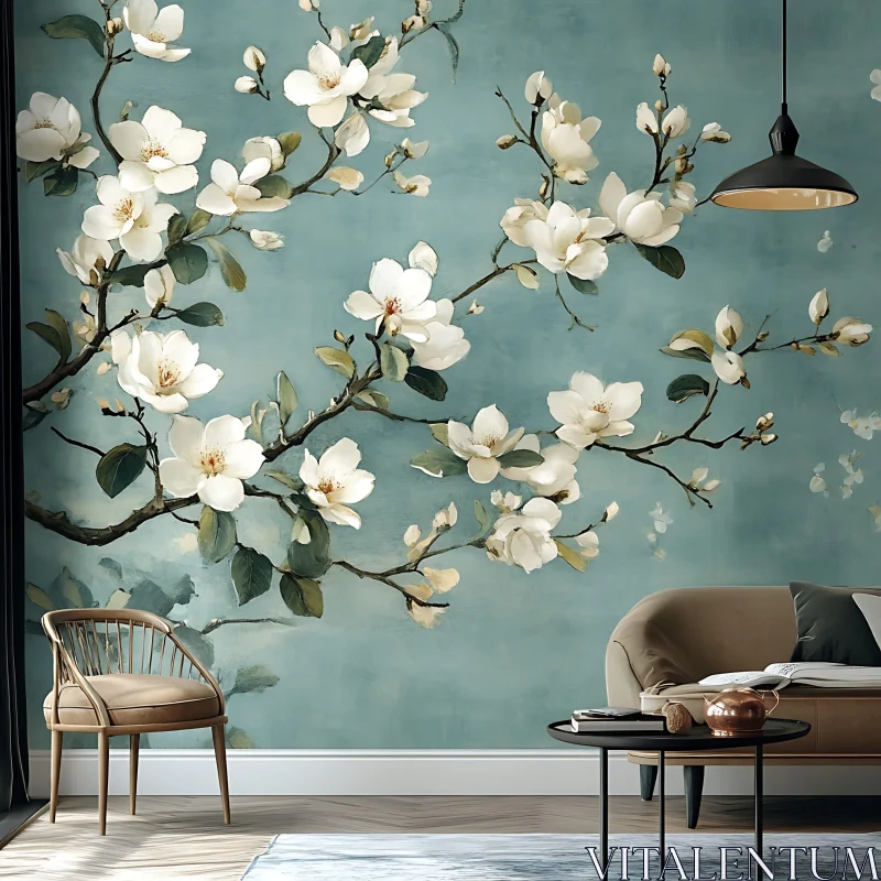 Blossoming Branches in a Modern Interior AI Image