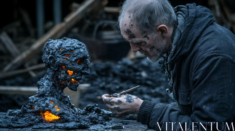 AI ART Man Carving a Sculpture with Fire