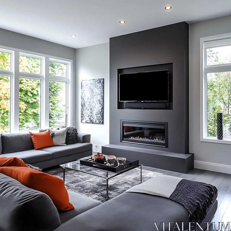 AI ART Contemporary Interior with Cozy Fireplace