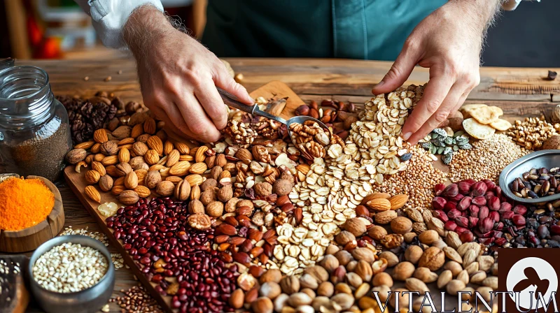 Hands Handling a Variety of Nuts, Seeds, and Grains AI Image