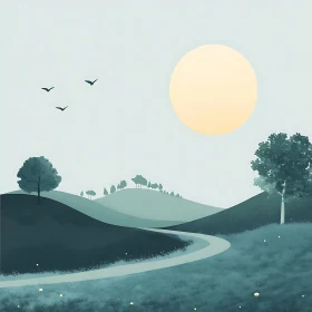 Serene Hills and Moonlit Sky Artwork